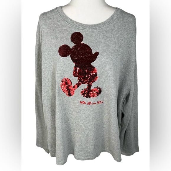 Disney World Grey & Red Sequin Mickey Mouse Crewneck Sweater - Picture 2 of 12